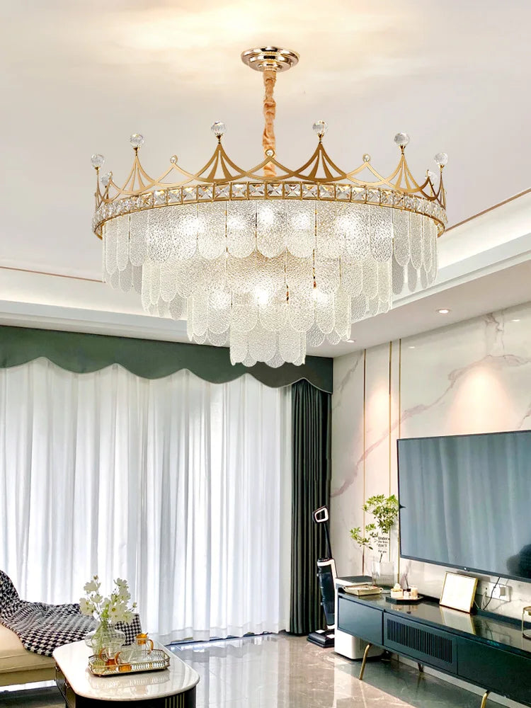 Elegant Modern Minimalist Crown K9 Crystal Chandelier - A Round Golden Fixture For Living Rooms And