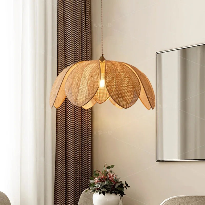 Japanese Style Handmade Woven Rattan Petal Chandelier - Unique Lighting For Dining Bedroom And