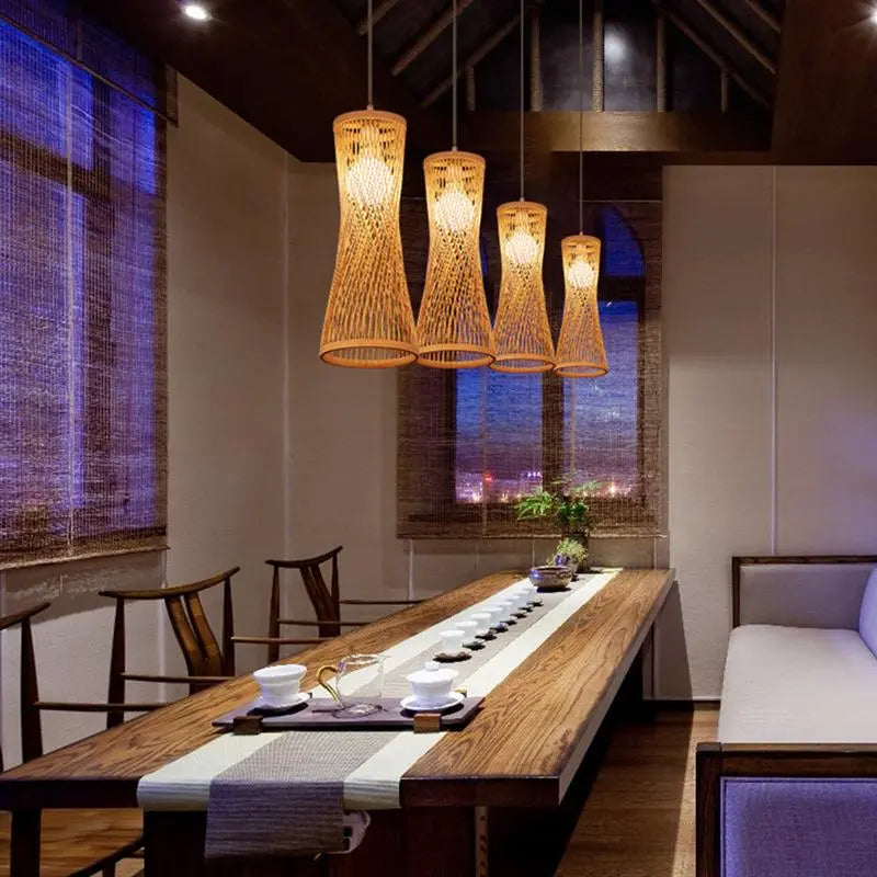 Asian - Inspired Rattan Woven Bamboo Chandelier - Artistic Ceiling Lamp For Home Cafe And