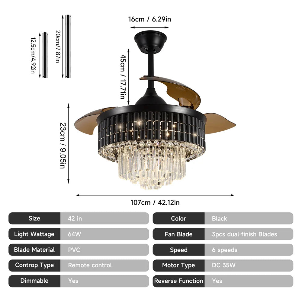 42 Inches Fandelier Ceiling Fan With Light Retractable Chandelier Invisible Blades Dimmable Crystal