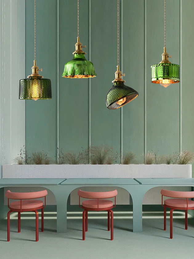 Vintage Brass Green Glass Pendant Light - Illuminate Your Dining Room Bar Or Bedroom With