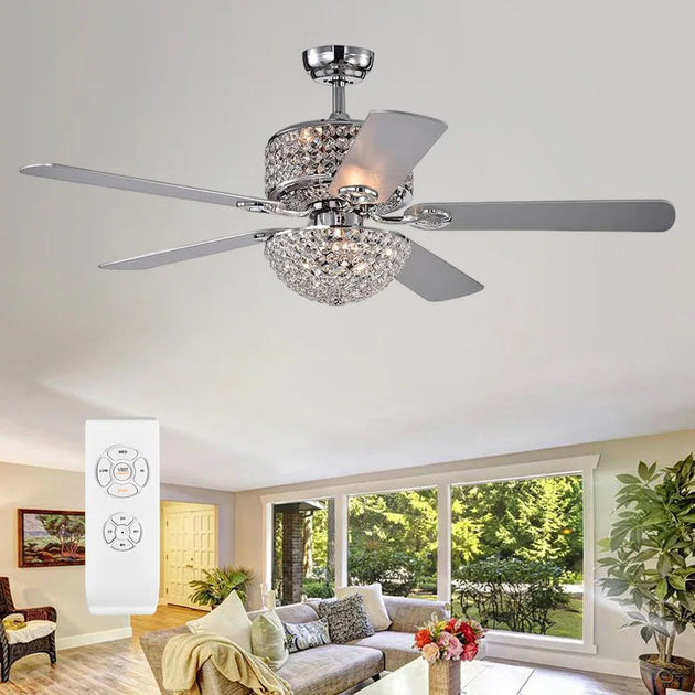 52 Inch Crystal Ceiling Fan With Lights Chrome Chandelier Remote Control Reversible Wood Blades For