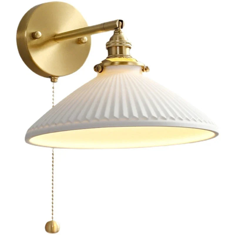 Rotary Brass Ceramic Wall Lamp With Pull Switch - Customizable Led Sconce For Bedroom And Interior