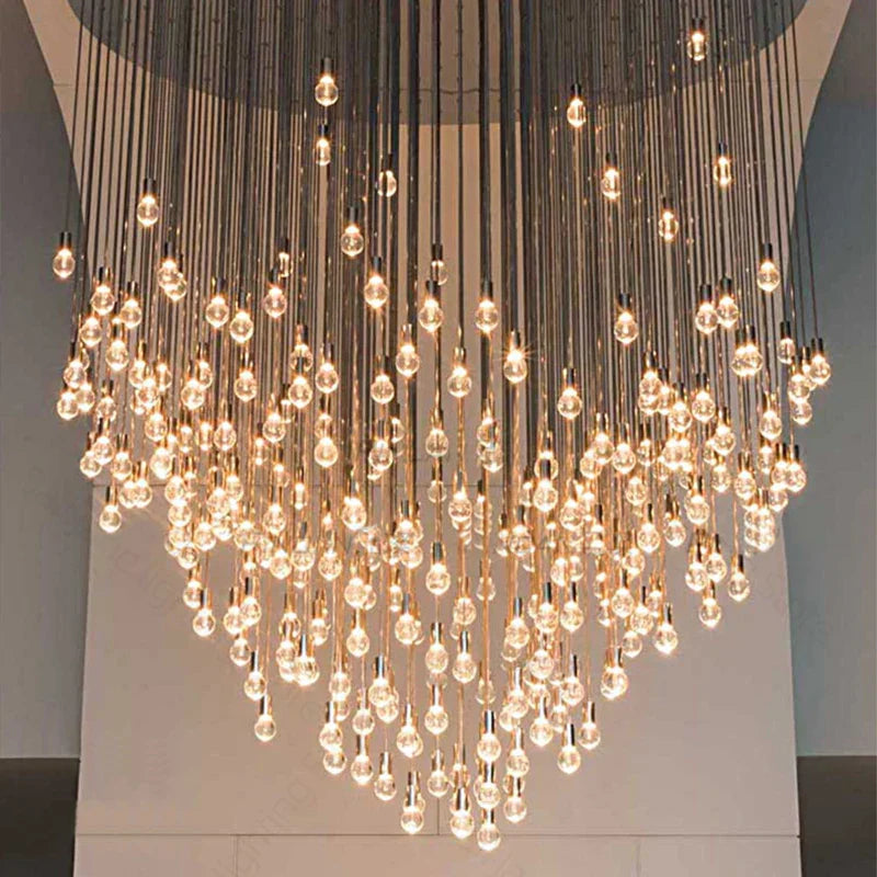 Exquisite Modern Long Staircase Chandelier - Large Gold Led Luxury Crystal Ball Fixture For Grand