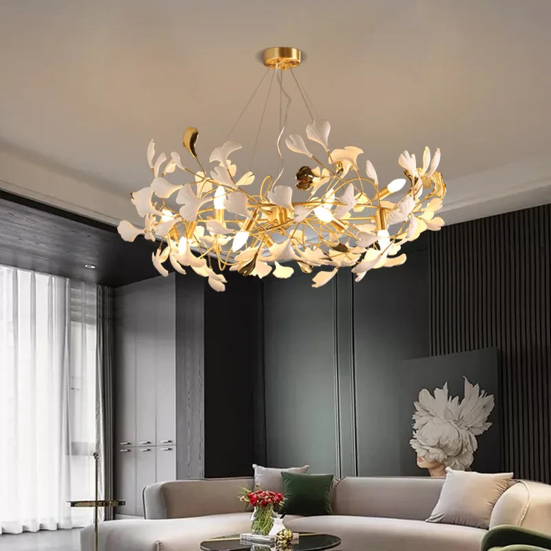 Elegant Nordic Apricot Leaf Chandelier - Wrought Iron Petals Indoor Led Lighting For Living Dining