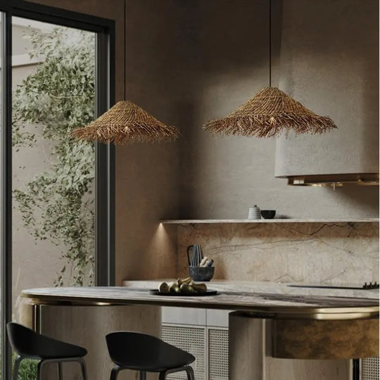 Wabi Sabi E27 Led Pendant Lights - Rattan Hanging Lamp For Dining Room Elegance