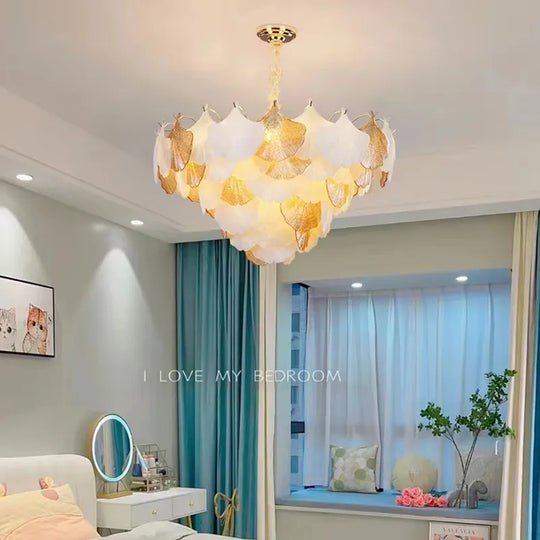 Modern Led Ginkgo Leaves Ceiling Chandelier - Elegant French Glass Lustre Decor Light Pendant Lights