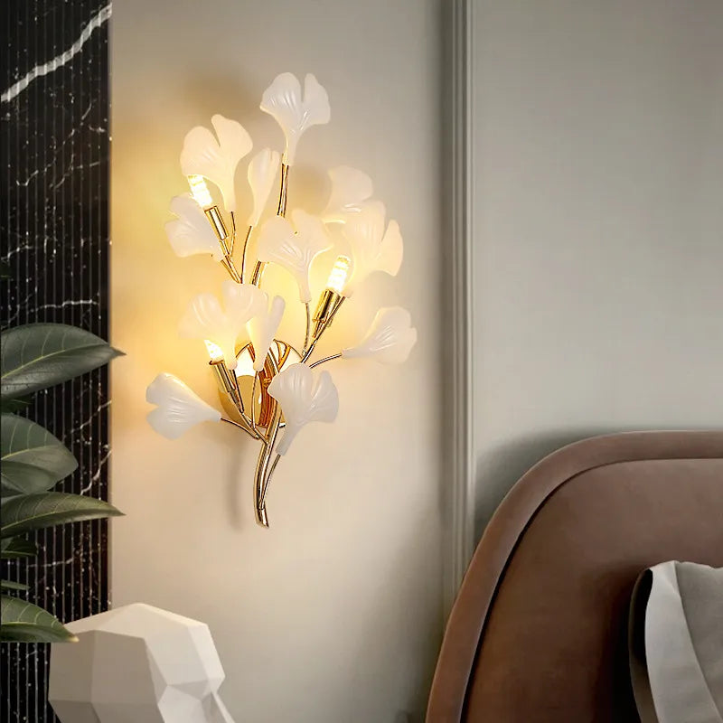 Romantic Flowers Foyer Led Wall Lamp - Ceramics And Leaf Artistic Sconce With Gold Metal Accents