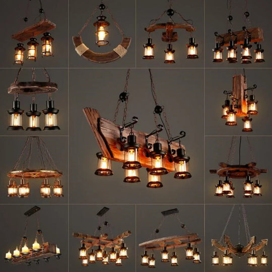 Antique Industrial Retro Wood E27 Led Ceiling Chandelier - Creative Vintage Pendant Lighting For