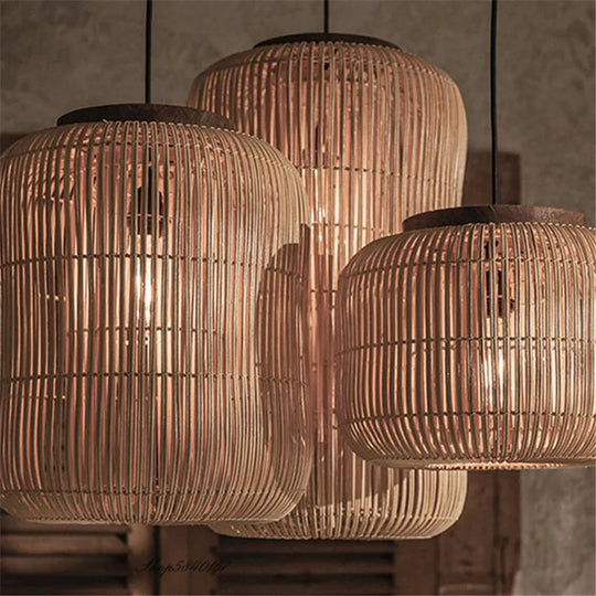 Wabi - Sabi Vintage Rattan Pendant Light - Hand - Woven Japanese Style Elegance For Dining Room