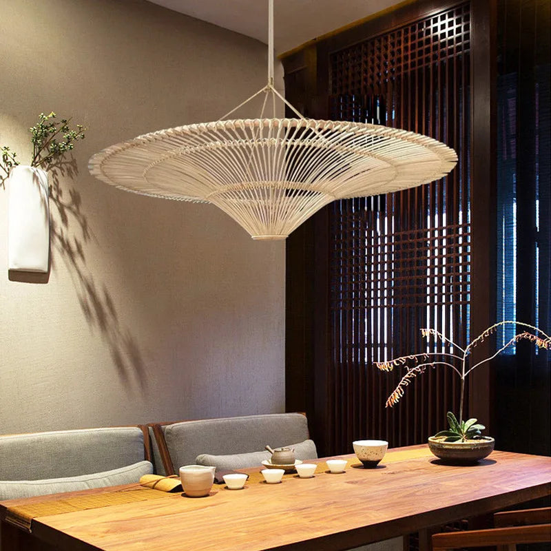 Wabi Sabi Japanese Rattan Pendant Light - Handmade Straw Hat Chandelier For Unique Decor Lights