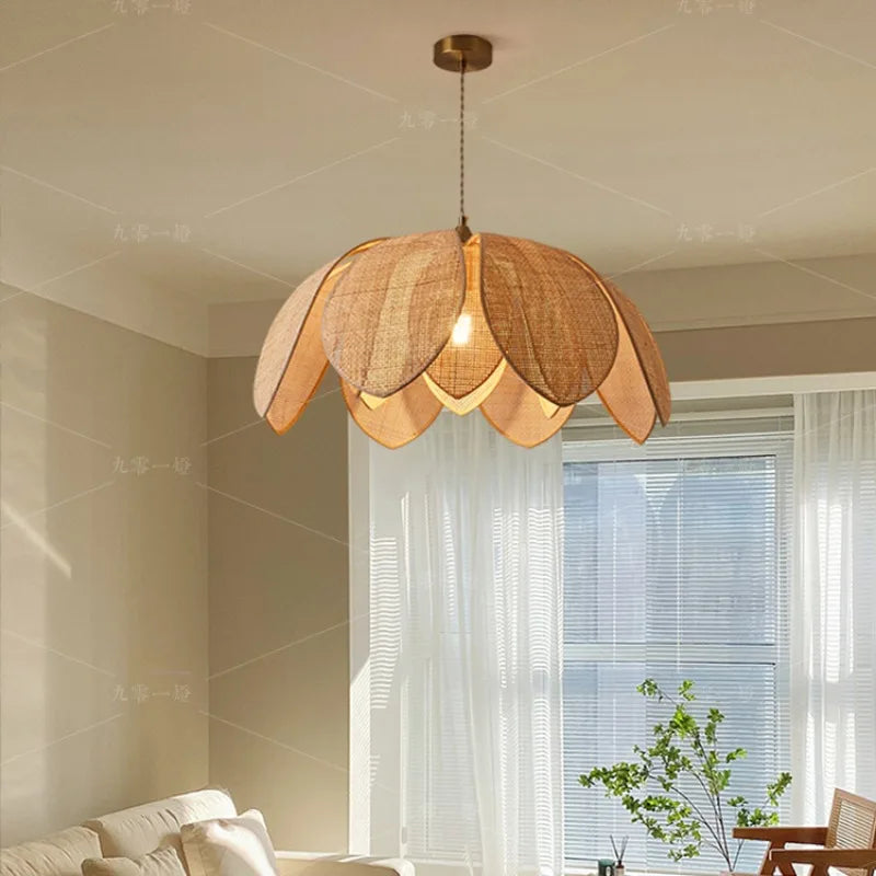 Japanese Style Handmade Woven Rattan Petal Chandelier - Unique Lighting For Dining Bedroom And