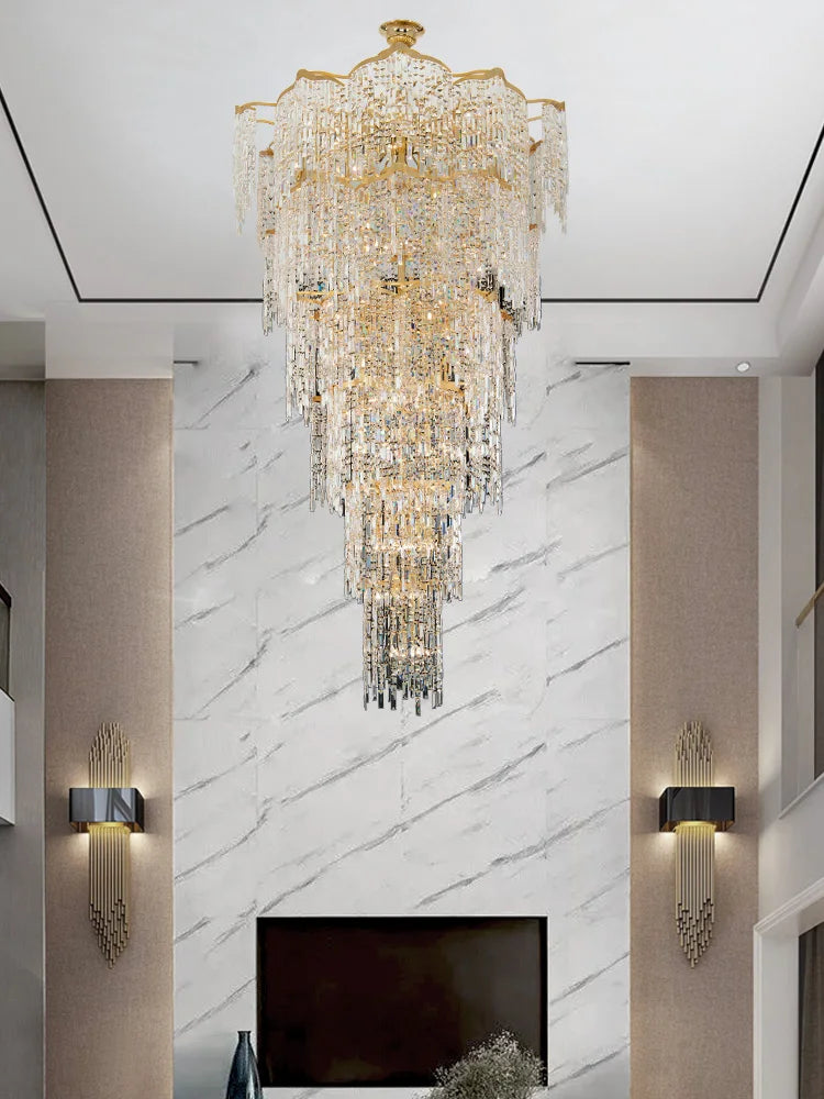 Elegant Golden Art Staircase Grand Chandelier - Luxury Crystal Illumination For Villa Halls With