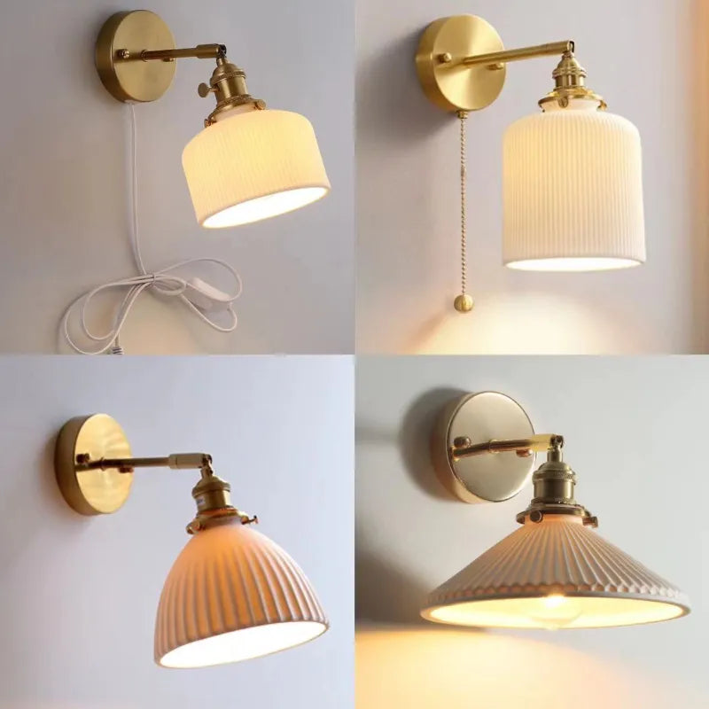 Rotary Brass Ceramic Wall Lamp With Pull Switch - Customizable Led Sconce For Bedroom And Interior