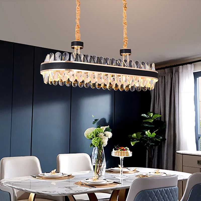 Dimmable Led Crystal Oval Ceiling Chandeliers - Black Leather Luxury Lustres For Dining Room Decor