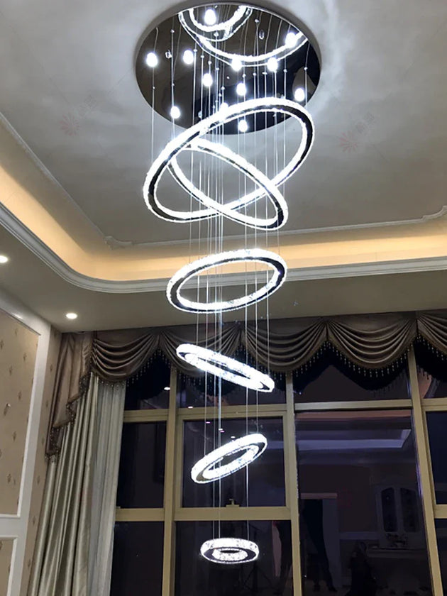 Modern Luxury Crystal Staircase Chandelier - Rings Design For Loft Villa And Lobby Indoor Lighting