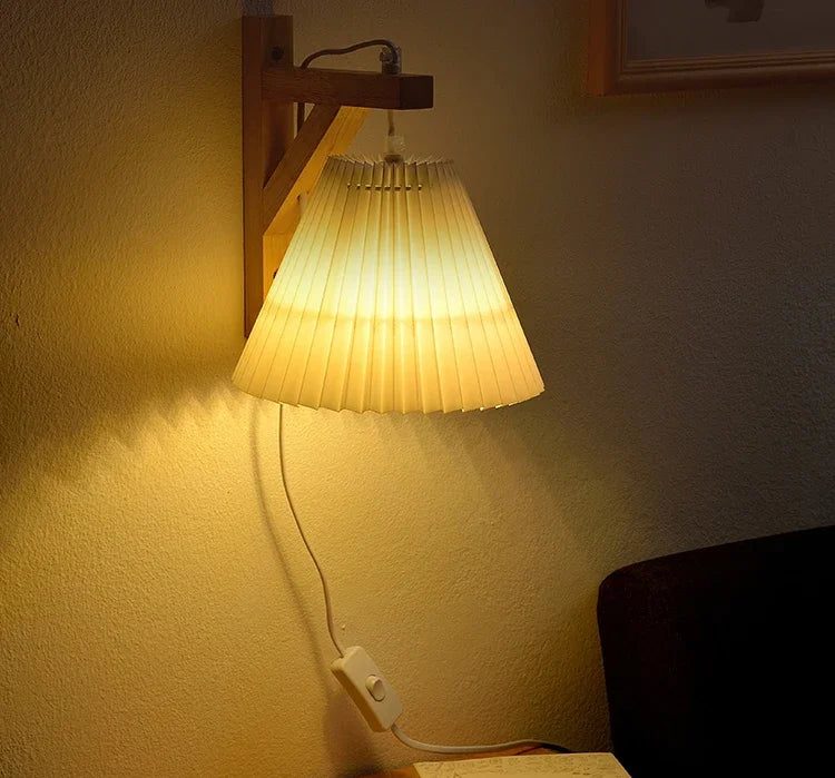 Nordic Pleated Solid Wood Wall Lamp With Plug - Simple And Stylish Lighting For Bedroom Bedside