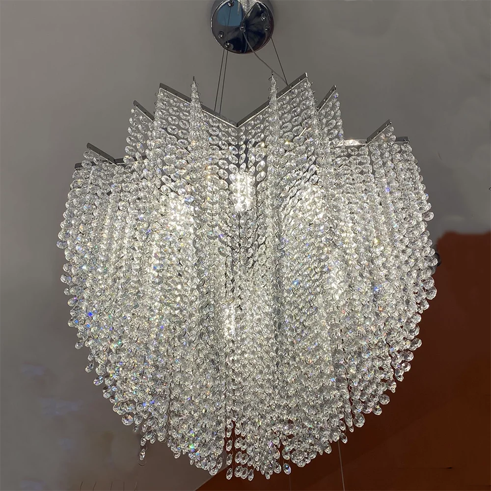 Modern Crystal Chandelier - Luxury Staircase Illumination With Chrome Accents And Led Elegance