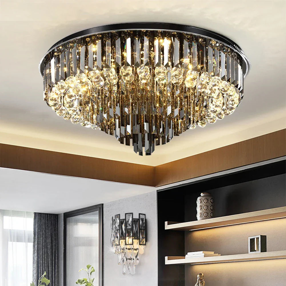 Modern Led Crystal Ceiling Chandelier - Creative Home Decor Lamp In Round Luxury Design (Black Gold