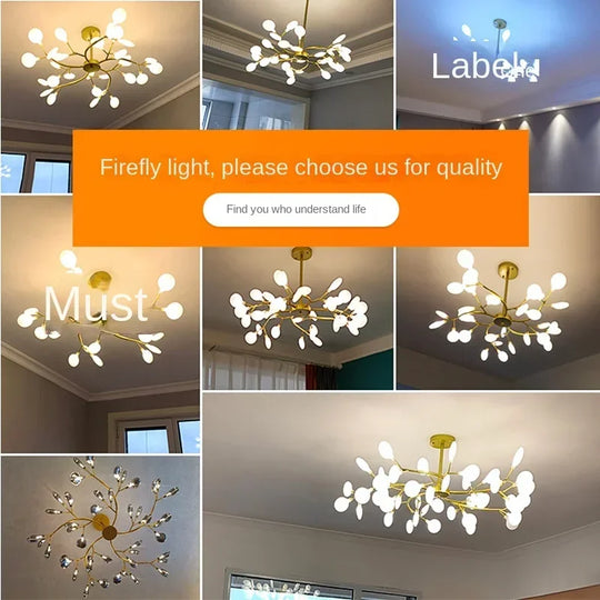 Modern Firefly Led Chandelier - Black And Gold Ceiling Pendant Lamp For Living Room Bedroom Hall