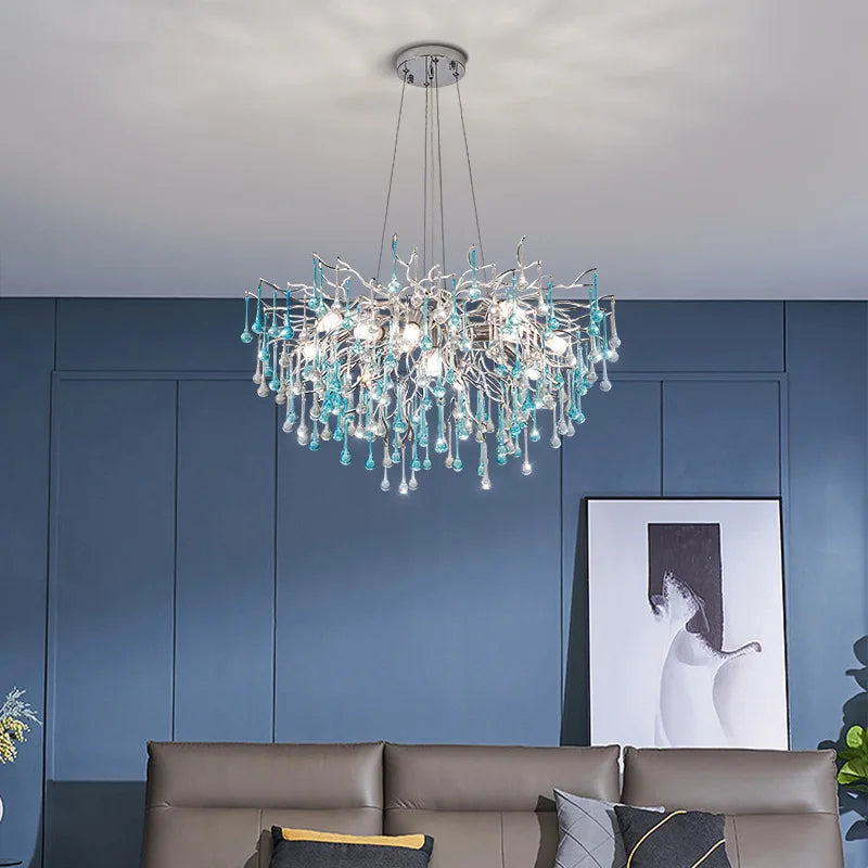 Modern Led Blue Water Droplets Ceiling Chandelier - Luxury Elegance For Villas And Living Spaces