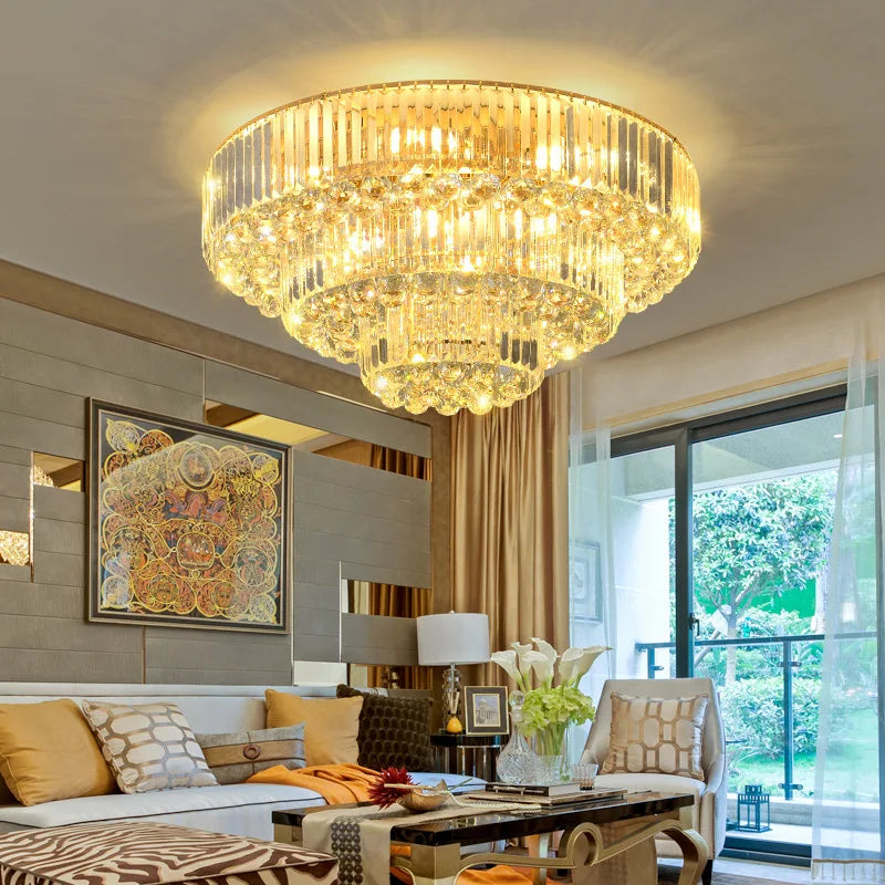 Modern Golden Rectangle Round Crystal Ceiling Light - Elegant Led Lighting For Living Rooms Dining