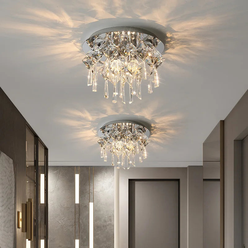 Luxury Modern K9 Crystals Ceiling Lamp - Chrome Steel Led Light For Art Deco Bedroom Lighting