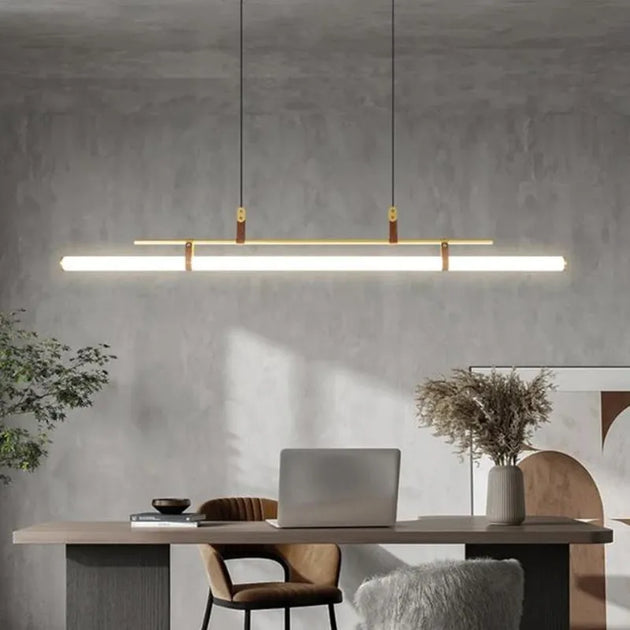 Eden Chandelier - Modern Long Tube Pendant Lamp In Black And Gold With Leather Accents For Kitchen