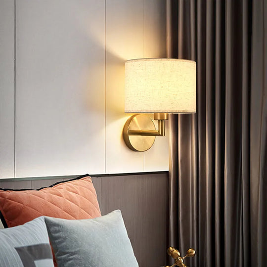 Bedside Wall Lamp With Rotating Spotlight - Modern Fabric Lampshade Reading Sconce For Bedroom Home