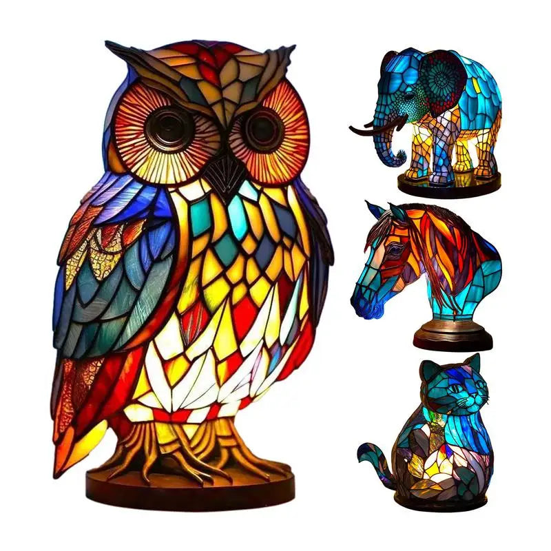 Resin Stained Glass Animal Table Lamp Series - Colorful Night Lights Featuring Lion Dolphin Wolf