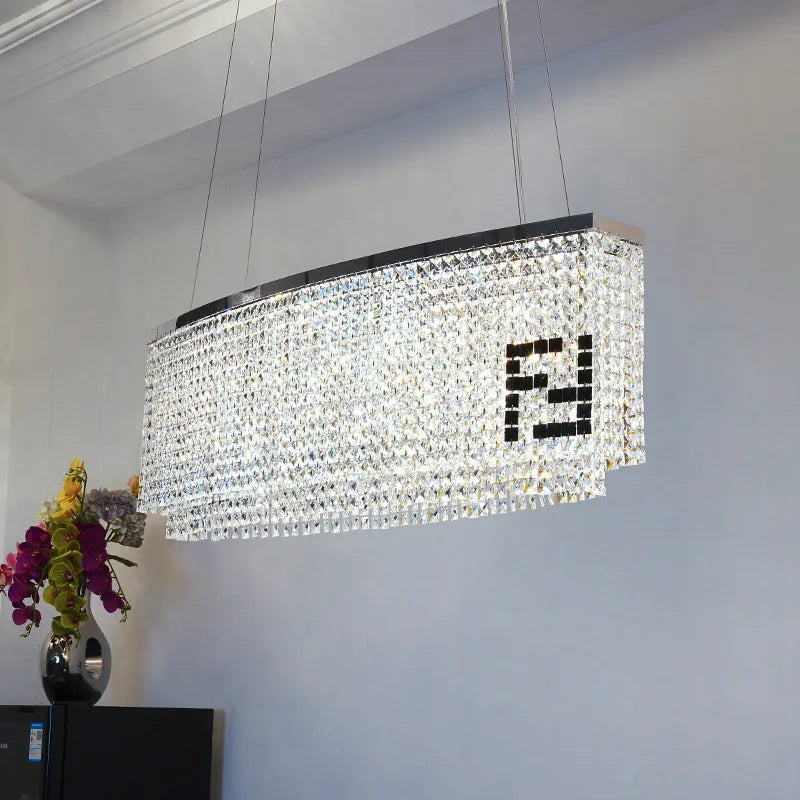 Contemporary Crystal Led Chandelier - Luxury Rectangular K9 Pendant Lamp With Personality For