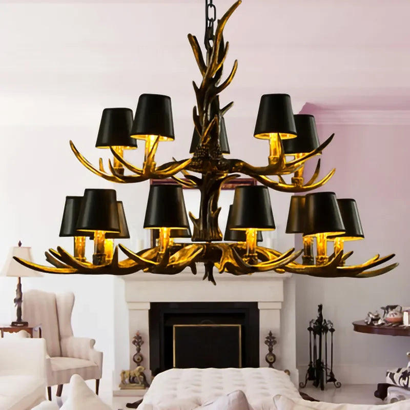 Retro Style Antler Resin Chandelier - Sweeping Gold Spray Paint Finish For Living And Dining Room