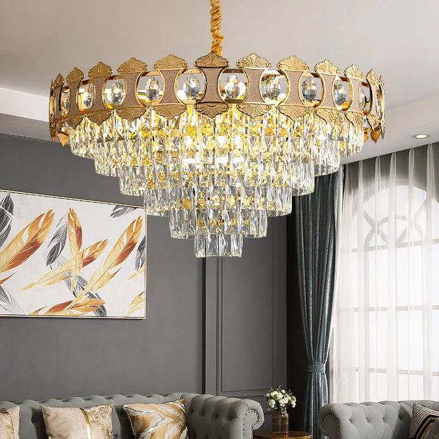 Elegant Golden Crystal Chandelier - Perfect For Master Bedrooms Living Rooms And Dining Creating An