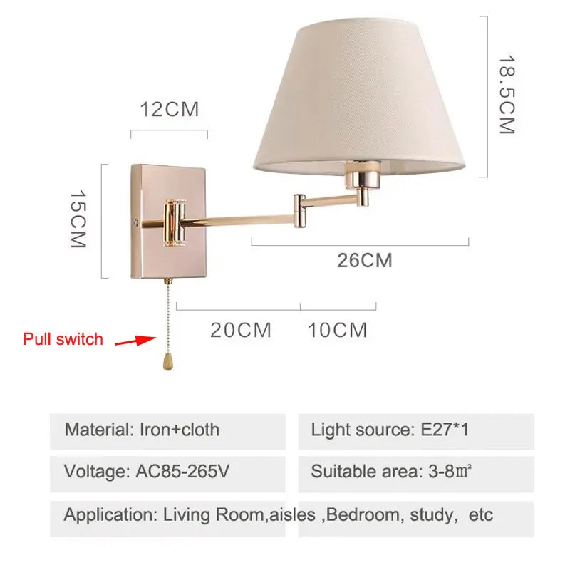 Nordic Adjustable Long Arm Folding Fabric Wall Lamp - Stylish Bedroom Bedside Light For Office