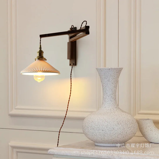Japanese Vintage Walnut Wall Lamp With Ceramic Shade - Elegant Telescopic Lighting For Bedrooms