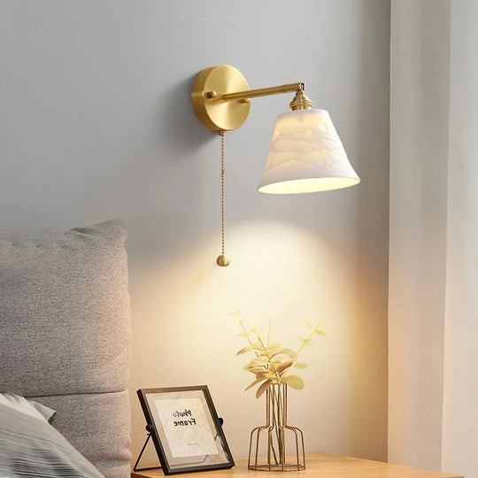 Rotary Brass Ceramic Wall Lamp With Pull Switch - Customizable Led Sconce For Bedroom And Interior