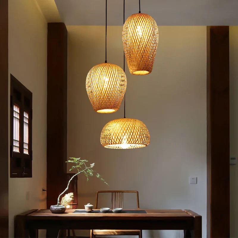 Set Of 3 Modern Hand - Knitted Bamboo Rattan Pendant Lights - Weaving Elegance For Your Home