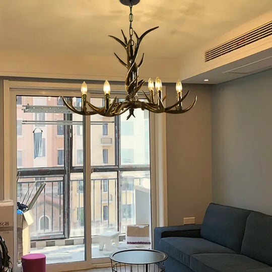 Retro Style Antler Resin Chandelier - Sweeping Gold Spray Paint Finish For Living And Dining Room