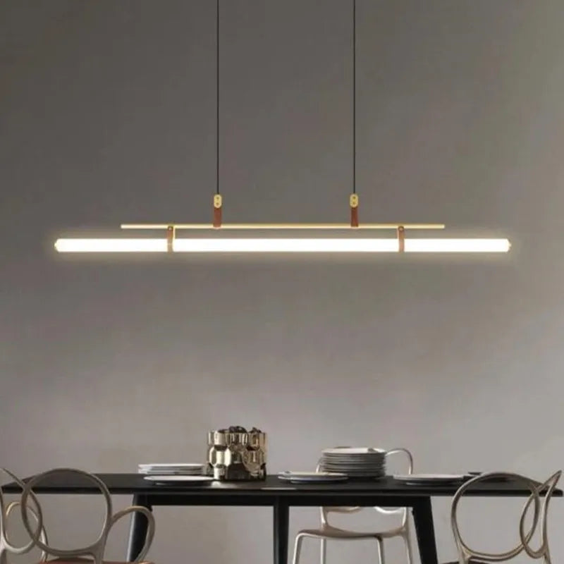 Eden Chandelier - Modern Long Tube Pendant Lamp In Black And Gold With Leather Accents For Kitchen