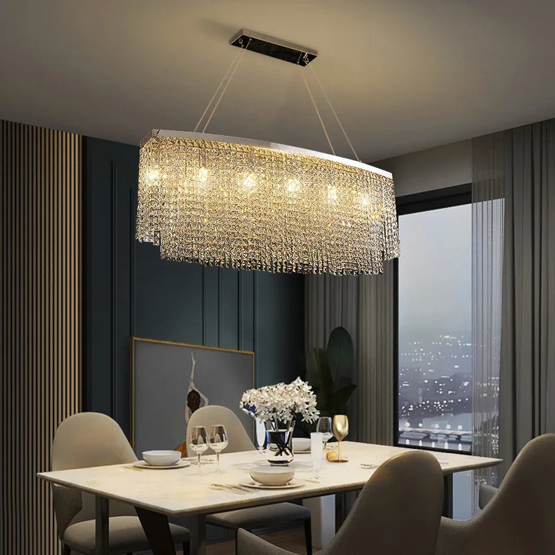 Contemporary Crystal Led Chandelier - Luxury Rectangular K9 Pendant Lamp With Personality For