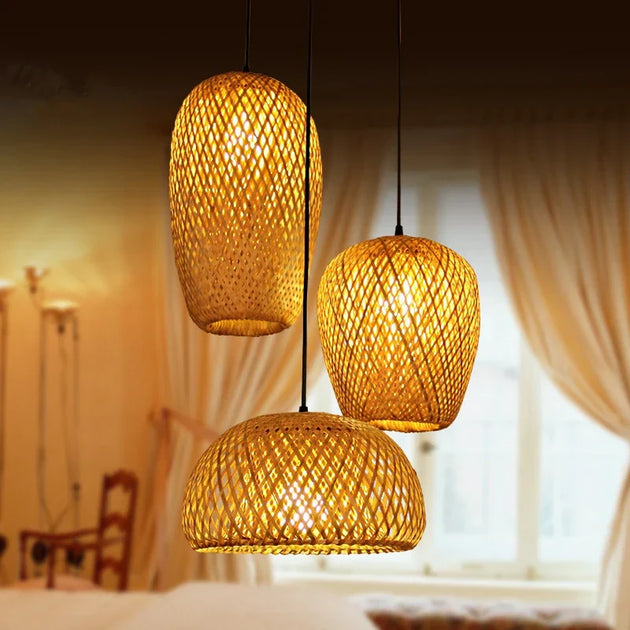 Bamboo Lampshade Led Pendant Lamp - Natural Rattan Wicker Ceiling Chandeliers With Hand - Woven E27