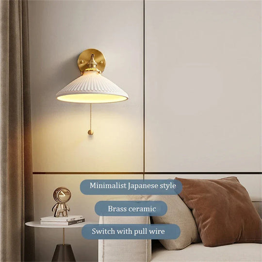 Nordic Home Decoration Bedside Ceramic Wall Light - Led Fixture With Pull Switch For Living Room