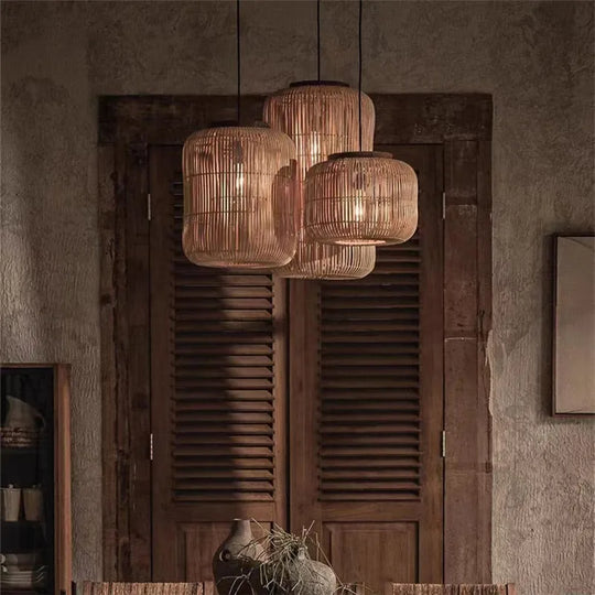 Wabi - Sabi Vintage Rattan Pendant Light - Hand - Woven Japanese Style Elegance For Dining Room