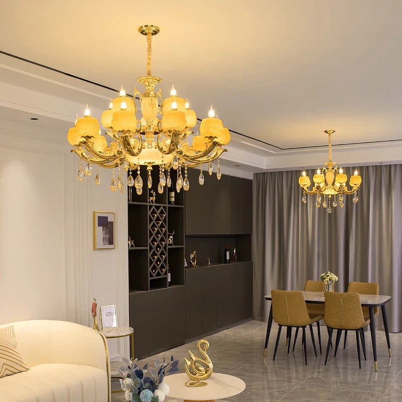 European Style Jade Crystal Chandelier - Luxury Lighting With Natural Marble Accents For Dining