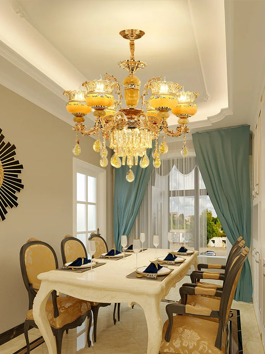 Elegant European Style Crystal Chandelier - A Luxurious Jade - Inspired Main Lamp For Living Rooms