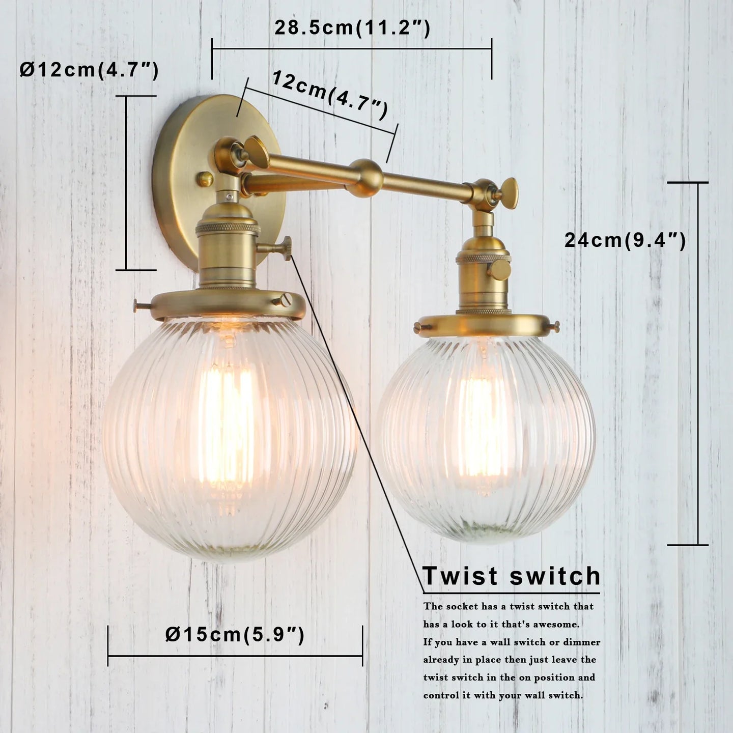 Phansthy Vintage Double Head Wall Sconces - Retro Rustic Lamps With Globe Glass Shades And Switch