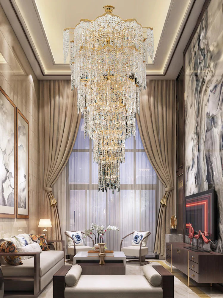 Elegant Golden Art Staircase Grand Chandelier - Luxury Crystal Illumination For Villa Halls With