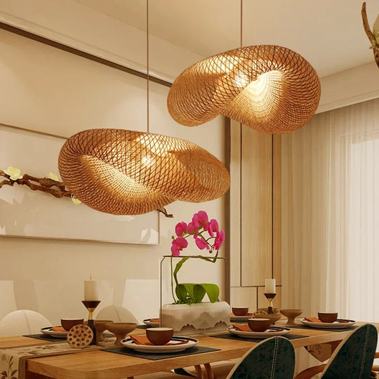 Chinese Handmade Bamboo Pendant Lights - Wicker Rattan Wave Shade Lamps For Restaurant Aisle Tea