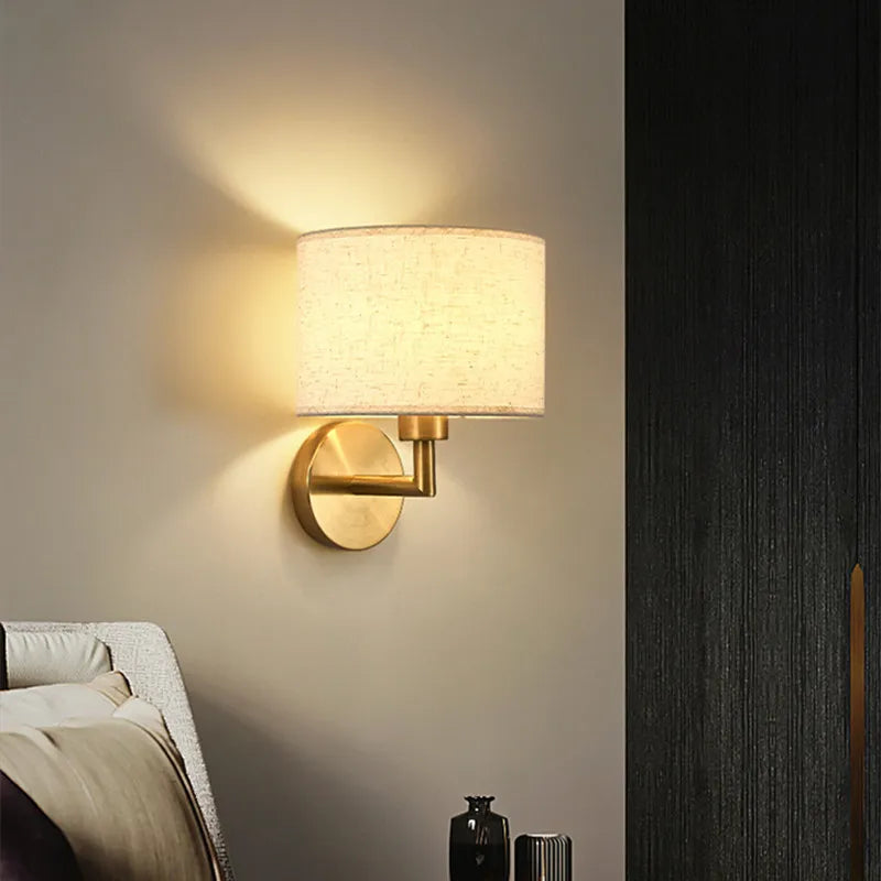 Bedside Wall Lamp With Rotating Spotlight - Modern Fabric Lampshade Reading Sconce For Bedroom Home