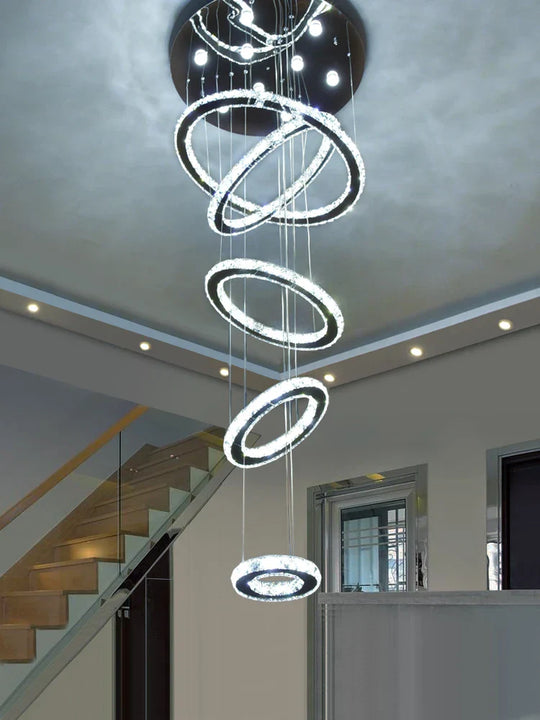 Modern Luxury Crystal Staircase Chandelier - Rings Design For Loft Villa And Lobby Indoor Lighting